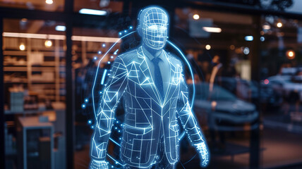 Aufkleber - This digital business model stands outside a modern storefront, highlighting advanced tech.