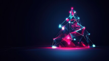 Abstract geometric Christmas tree structure made of glowing lines and dots, representing technology, connection, and digital holiday celebration on a dark background.