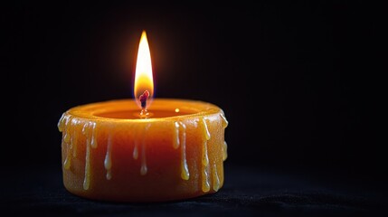 Poster - Dramatic low-angle shot of a candle flame appearing to float in midair against pure black, powerful and cinematic lighting