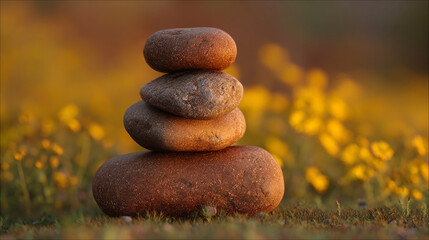 Poster - Stacked brown stones on grass, blurred yellow flowers background, symbolizes balance, serenity, nature