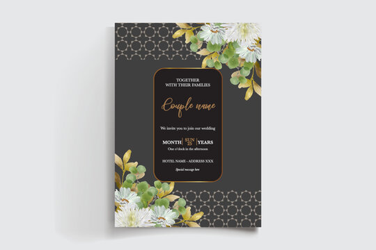 WEDDING INVITATION FRAME WITH FLOWER DECORATIONS AND FRESH LEAVES