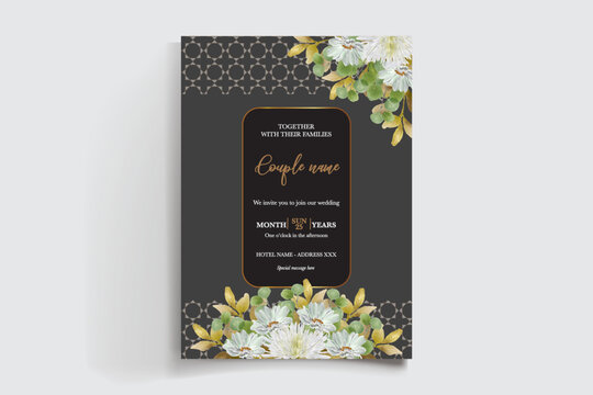 WEDDING INVITATION FRAME WITH FLOWER DECORATIONS AND FRESH LEAVES