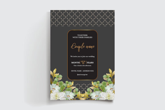 WEDDING INVITATION FRAME WITH FLOWER DECORATIONS AND FRESH LEAVES