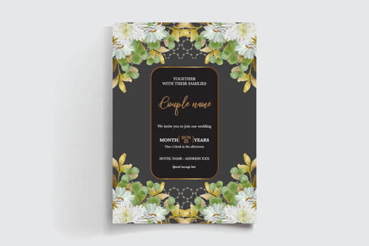 WEDDING INVITATION FRAME WITH FLOWER DECORATIONS AND FRESH LEAVES