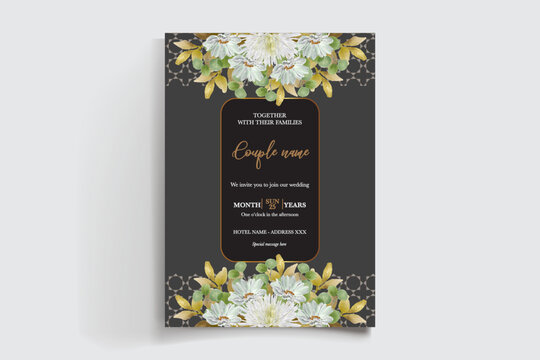 WEDDING INVITATION FRAME WITH FLOWER DECORATIONS AND FRESH LEAVES