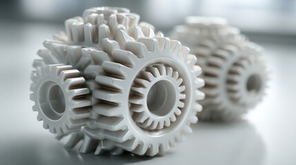 Poster - two interlocking white gears symbolizing teamwork and enhanced productivity in a modern digital work