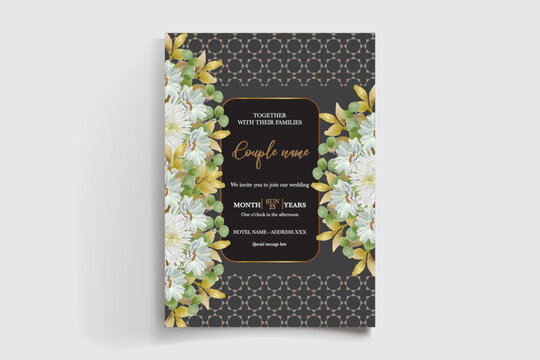 WEDDING INVITATION FRAME WITH FLOWER DECORATIONS AND FRESH LEAVES