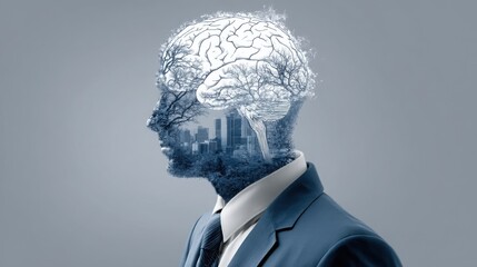 Poster - Human mind: a man with a brain inside his head symbolizing the integration of ai in identity development