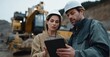 © ryker - Stylish engineer discussing project details with colleague on tablet at construction site, showcasing teamwork and modern technology in industry