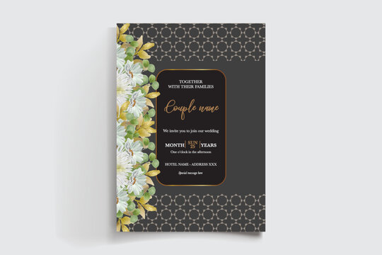 WEDDING INVITATION FRAME WITH FLOWER DECORATIONS AND FRESH LEAVES