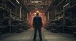 © Seree  - Industrial Worker Contemplating Future - A lone worker in a hard hat stands in a vast industrial factory, symbolizing industry, labor, progress, contemplation, and the future of manufacturing