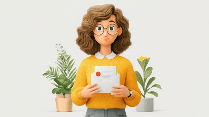 Poster - Woman holding a letter with a thoughtful expression illustrating personal communication and connection
