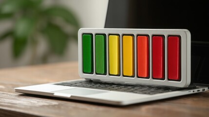Poster - Sleek laptop displaying a colorful battery icon representing readiness and power for technological efficiency