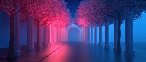 Pink trees line a column corridor