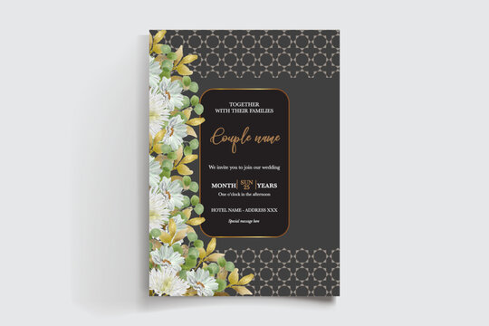 WEDDING INVITATION FRAME WITH FLOWER DECORATIONS AND FRESH LEAVES
