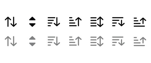 sort and filter vector flat icon set with directional arrows and list lines. toolbar icon. ribbon to