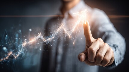 Poster - man pointing at a complex network of interconnected lines representing algorithmic trade performance