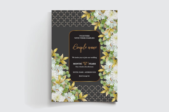 WEDDING INVITATION FRAME WITH FLOWER DECORATIONS AND FRESH LEAVES