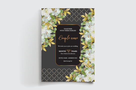 WEDDING INVITATION FRAME WITH FLOWER DECORATIONS AND FRESH LEAVES