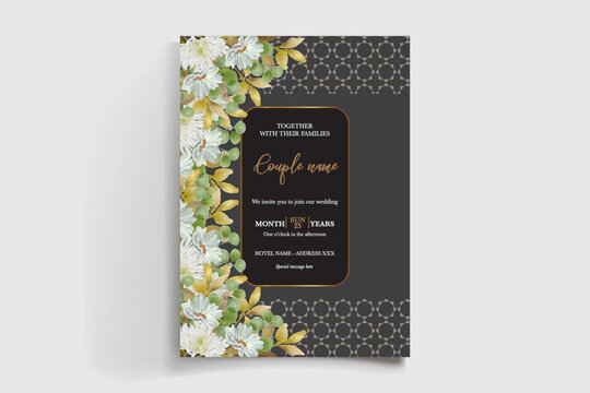 WEDDING INVITATION FRAME WITH FLOWER DECORATIONS AND FRESH LEAVES
