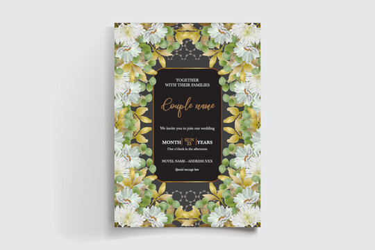 WEDDING INVITATION FRAME WITH FLOWER DECORATIONS AND FRESH LEAVES