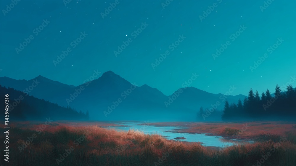 A mountain range is visible in the distance