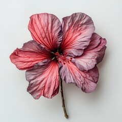 Wall Mural - Closeup view of a vibrant red hibiscus flower with delicate elegant petals against a plain background  The beautiful tropical plant with lush foliage and stems creates a botanical image