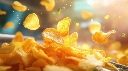 Poster - Potato chips exiting frying tunnel onto conveyor belt in pristine, high-tech facility