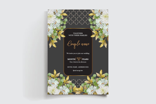 WEDDING INVITATION FRAME WITH FLOWER DECORATIONS AND FRESH LEAVES