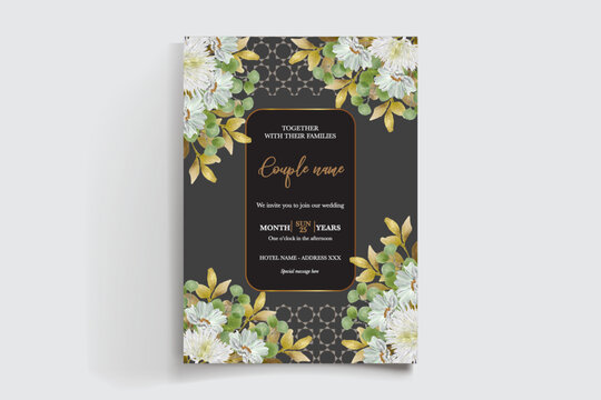WEDDING INVITATION FRAME WITH FLOWER DECORATIONS AND FRESH LEAVES
