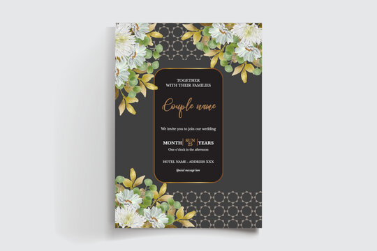 WEDDING INVITATION FRAME WITH FLOWER DECORATIONS AND FRESH LEAVES