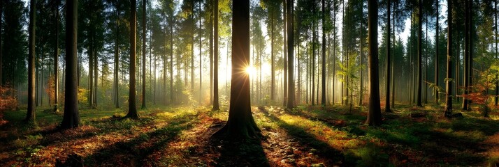  Sunlight streaming through a peaceful forest at sunrise