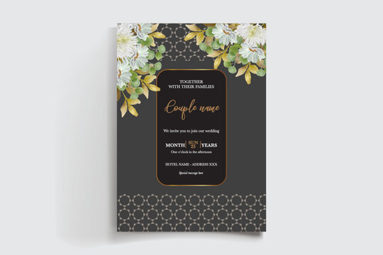 WEDDING INVITATION FRAME WITH FLOWER DECORATIONS AND FRESH LEAVES
