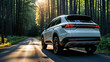 © janzwolinski - Modern suv car driving on scenic forest road at sunset