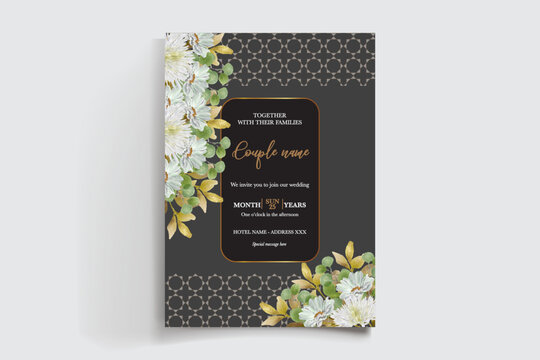 WEDDING INVITATION FRAME WITH FLOWER DECORATIONS AND FRESH LEAVES