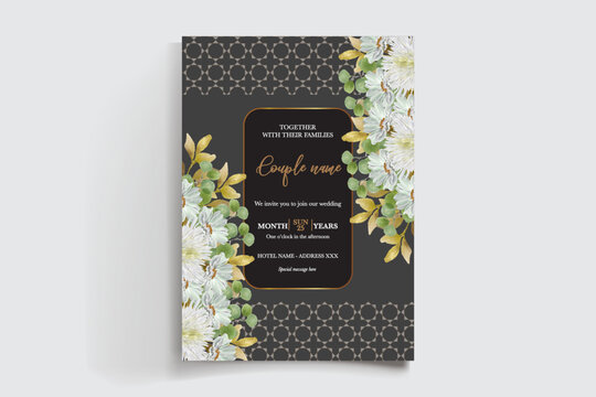 WEDDING INVITATION FRAME WITH FLOWER DECORATIONS AND FRESH LEAVES