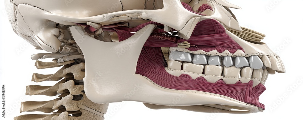 Tooth Muscular Anatomical illustration showing human skull, teeth, jaw muscles, and ...