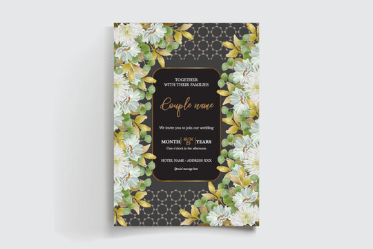 WEDDING INVITATION FRAME WITH FLOWER DECORATIONS AND FRESH LEAVES