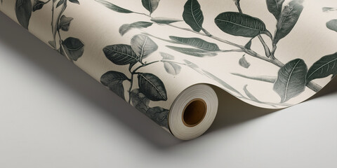 Poster - Elegant wallpaper roll with green leaf pattern on a neutral background. The design offers a sense of sophistication and a touch of nature