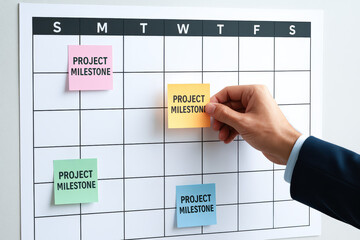 Poster - A professional hand places sticky notes on a project milestone calendar emphasizing organization in planning and strategy execution for business success