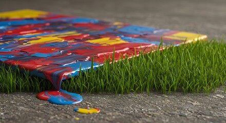 Poster - A colorful paint covered surface with dripping paint next to a patch of green grass on concrete ground