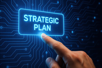 Poster - A finger pressing a glowing digital button symbolizes business strategy and decision-making emphasizing innovation and growth