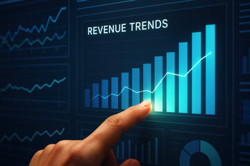 Poster - A business strategy is enhanced as a hand interacts with dynamic revenue trends driving decision making and growth through data insight