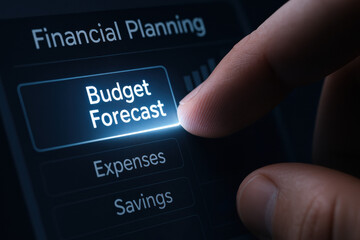 Poster - A closeup view a finger tapping a glowing budget forecast button on a dark financial planning screen symbolizes strategy decision making and business growth