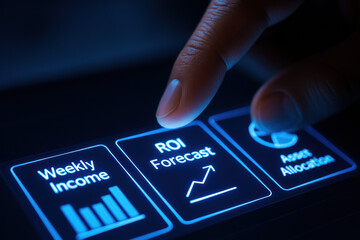 Poster - A finger navigating a smart dashboard interface highlights key business strategy metrics such as income ROI forecast and asset allocation to support efficient decision-making and growth