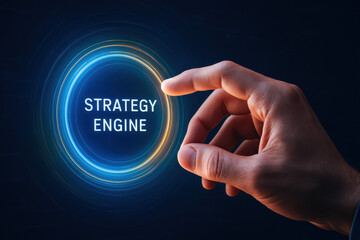 Poster - A human interacts with a translucent virtual interface symbolizing strategy and decision processes that drive business growth and innovation
