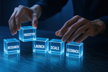 Poster - A strategic hands-on approach arranges illuminated glass blocks symbolizing business phases like research prototype launch scale and feedback to enhance efficiency and decision-making