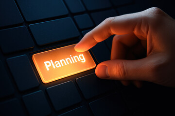 Poster - a focused initiates a strategic process by pressing a glowing button labeled planning symbolizing le