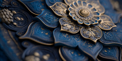 Aufkleber - Close-up of intricate blue and gold floral design, showcasing embossed texture and ornate details, representing elegance, luxury, and artistry