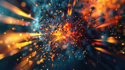 Poster - Futuristic digital tunnel with glowing particles. Neon and electric colors creating a sense of depth. Background of explosive scene in space with glowing star. Background for wallpaper, print. AIG53.